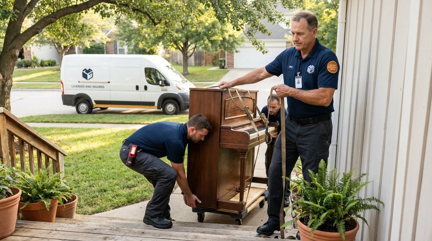 Licensed piano movers securing grand piano in Lexington, NE
