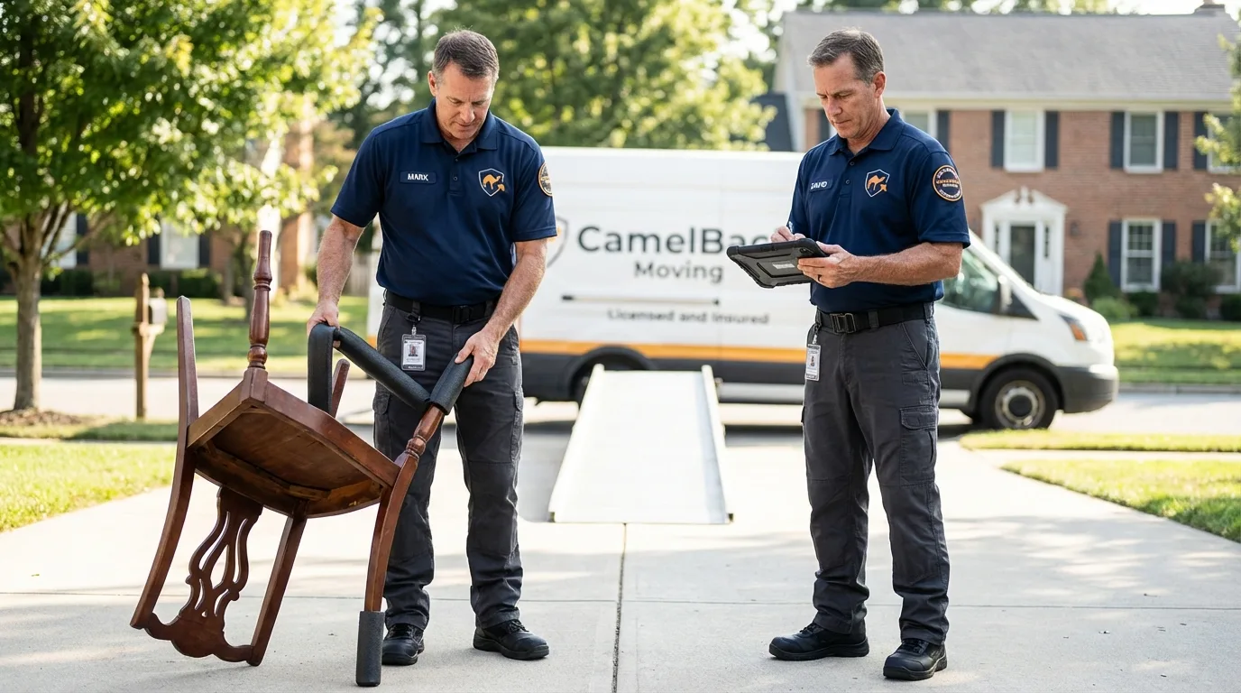 Movers inspecting furniture for damage prevention before loading in Lexington, NE