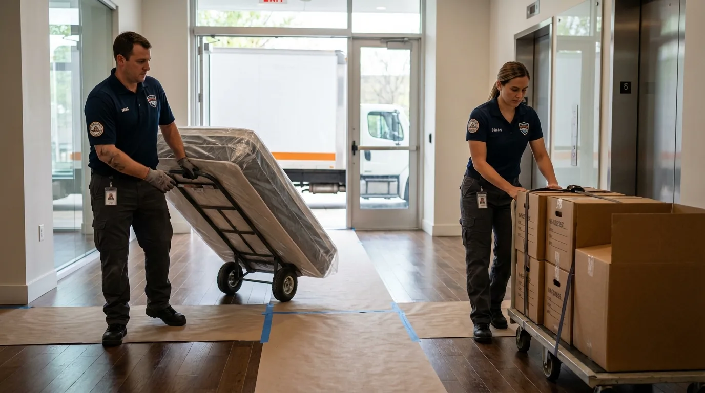 Professional apartment movers loading elevator in Lexington, NE