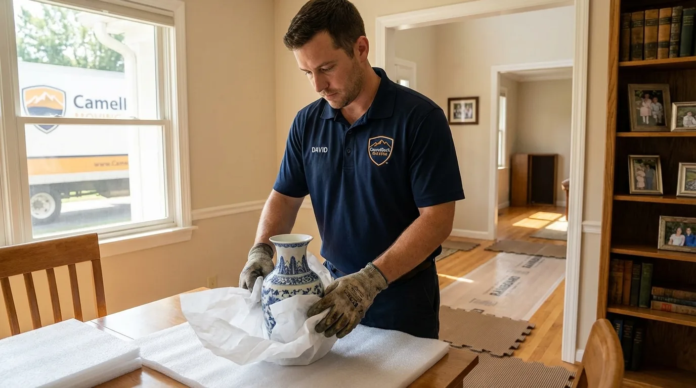 Professional crew carefully wrapping antique vase for senior downsizing move in Lexington, NE